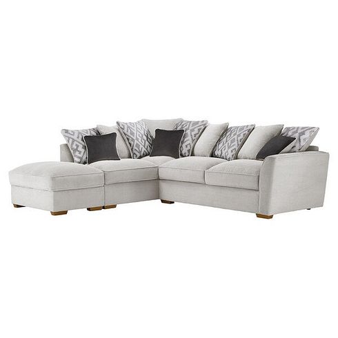 Nebraska Right Hand Corner Pillow Back Sofa with Storage Footstool in Aero Silver with Grey Scatters