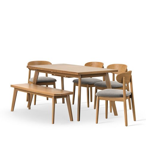 Oaklee Natural Extendable Dining Table and 4 Modern Chairs In Mocha Fabric With 1 Bench