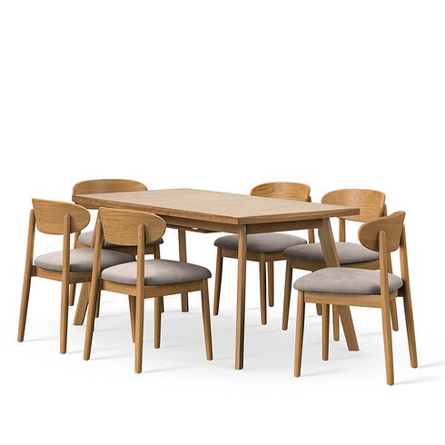 Oaklee Natural Extendable Dining Table and 6 Modern Natural Oak Chair with Dappled Beige Fabric Seat