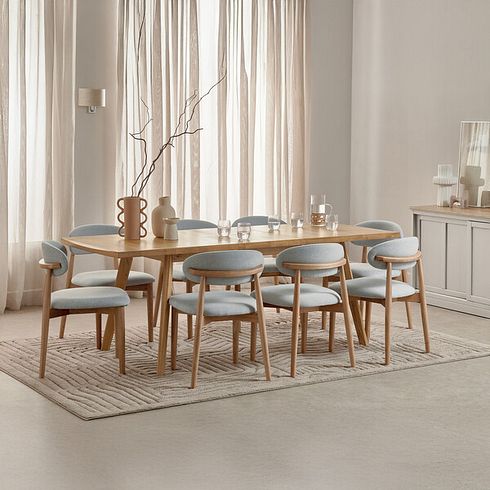 Oaklee Natural Oak Extendable Dining Table + 8 Otis Chairs Cloud Grey with Oak Legs  