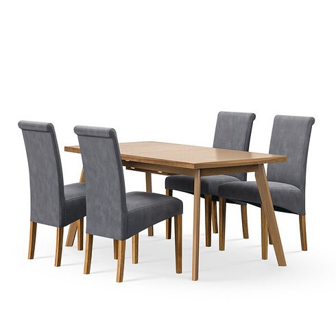 Oaklee Natural Oak Extendable Dining Table 160-210cm + 4 Scroll Back Chair in Dappled Silver Fabric with Solid Oak Legs