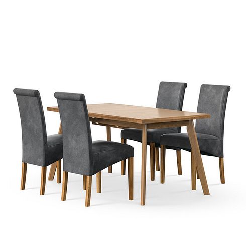 Oaklee Natural Oak Extendable Dining Table 160-210cm + 4 Scroll Back Chair in Vintage Black Leather Look Fabric with Oak Legs