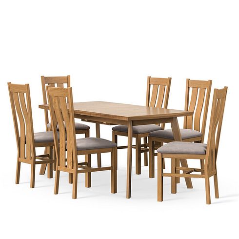 Oaklee Natural Oak Extendable Dining Table 160-210cm + 6 Arched Back Natural Solid Oak Chair with Dappled Beige Fabric Seat