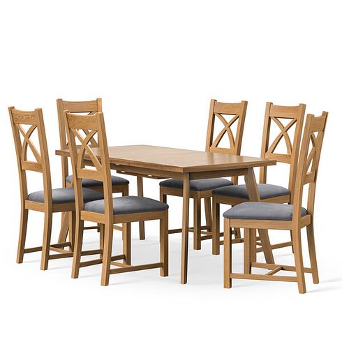 Oaklee Natural Oak Extendable Dining Table 160-210cm + 6 Cross Back Natural Solid Oak Chair with Dappled Silver Fabric Seat