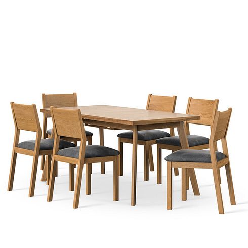 Oaklee Natural Oak Extendable Dining Table 160-210cm + 6 Ellison Oak Chair with Vintage Black Leather Look Fabric Seat