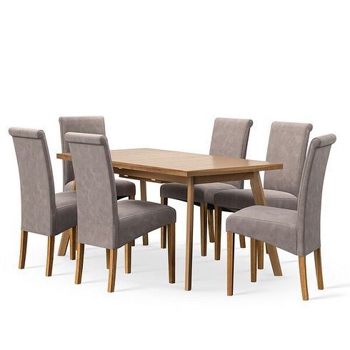 Oaklee Natural Oak Extendable Dining Table 160-210cm + 6 Scroll Back Chair in Dappled Beige Fabric with Solid Oak Legs