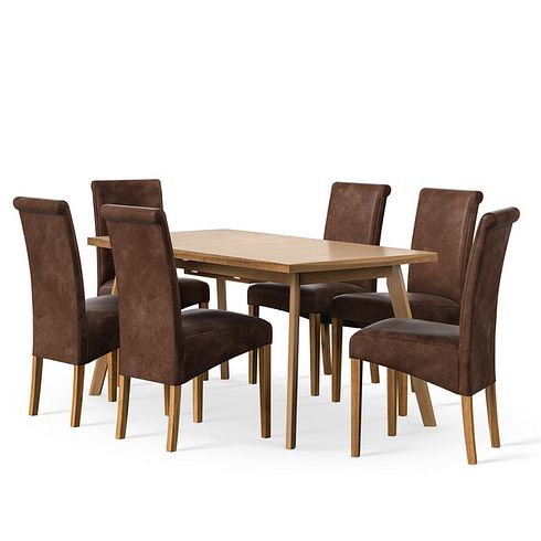 Oaklee Natural Oak Extendable Dining Table 160-210cm + 6 Scroll Back Chair in Vintage Brown Leather Look Fabric with Oak Legs