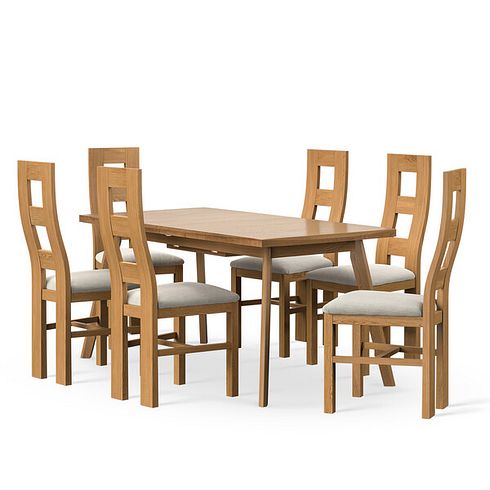 Oaklee Natural Oak Extendable Dining Table 160-210cm + 6 Wave Back Natural Solid Oak Chair with Verona Cream Fabric Seat