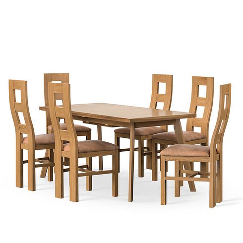 Oaklee Natural Oak Extendable Dining Table 160-210cm + 6 Wave Back Natural Solid Oak Chair with Vintage Tan Leather Look Fabric Seat