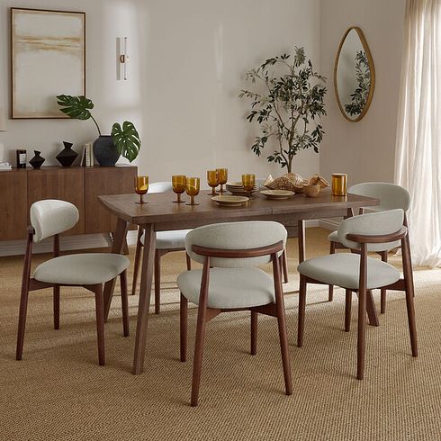 Oaklee Walnut Stained Solid Oak Extendable Dining Table 160-210cm + 6 Otis Chair Cool Grey with Walnut Stained Beech Legs 