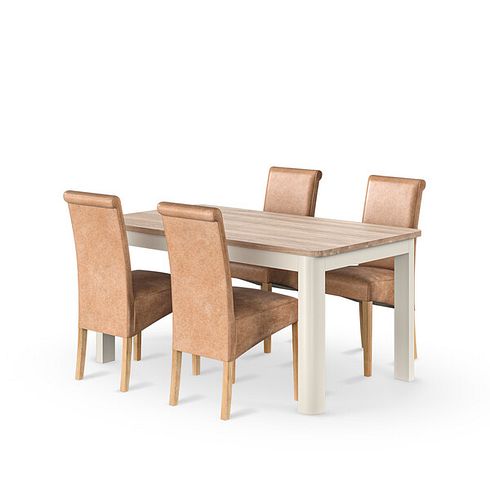 Otto Smoked Oak Finish and Cashmere Painted Extendable Dining Table 160-210cm + 4 Scroll Back Chair in Vintage Tan Leather Look Fabric with Oak Legs