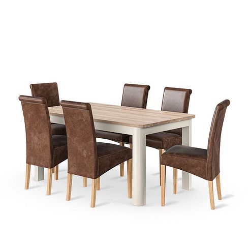 Otto Smoked Oak Finish and Cashmere Painted Extendable Dining Table 160-210cm + 6 Scroll Back Chair in Vintage Brown Leather Look Fabric with Oak Legs