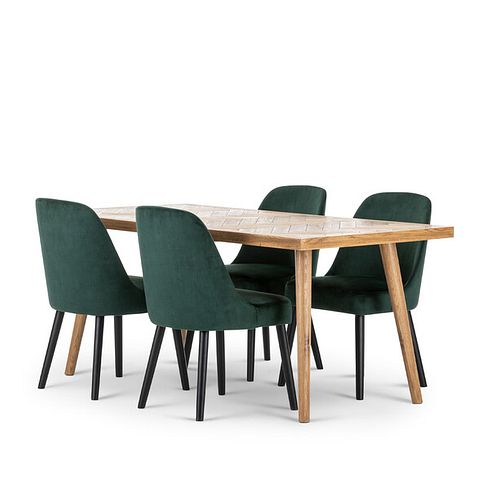 Parquet Brushed and Glazed Oak 8 Seater Dining Table + 4 Bette Upholstered Chairs with Black Legs in Heritage Bottle Green Velvet
