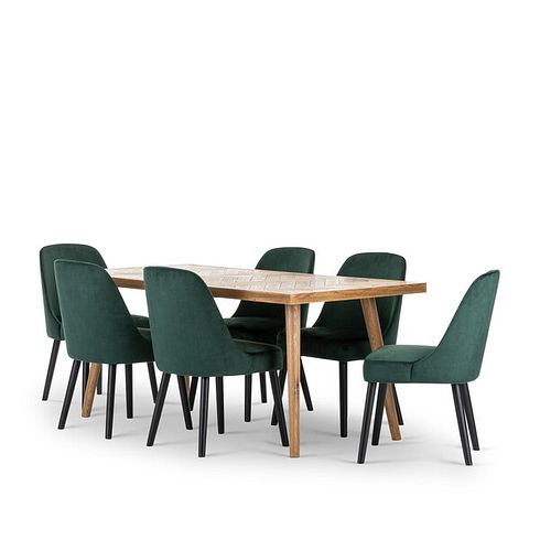 Parquet Brushed and Glazed Oak 8 Seater Dining Table + 6 Bette Upholstered Chairs with Black Legs in Heritage Bottle Green Velvet