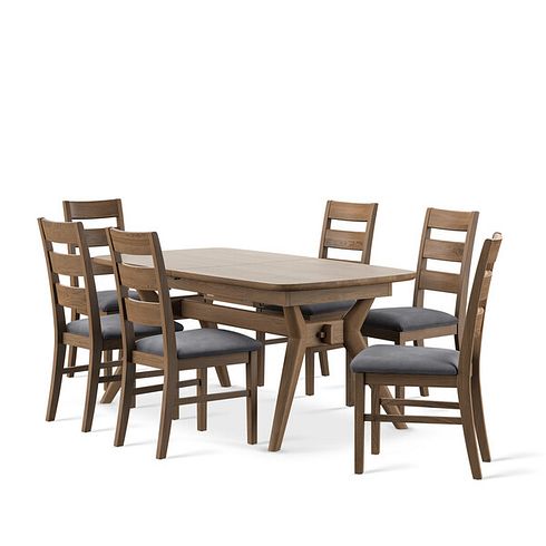 Pembroke Antique Finish Solid Oak Extending Dining Table 140-220cm + 6 Linear Antique Finish Oak Chair with Dappled Silver Fabric Seat