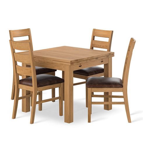 Pembroke Natural Extending Dining Table and 4 Linear Natural Oak Chair in Vintage Brown Leather Look