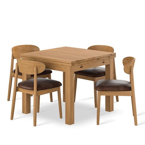 Pembroke Natural Extending Dining Table and 4 Modern Natural Oak Chair in Vintage Brown Leather Look