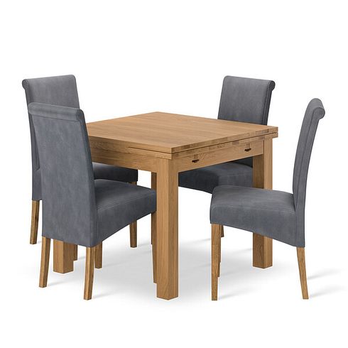 Pembroke Natural Solid Oak Extending Dining Table 90-150cm + 4 Scroll Back Chair in Dappled Silver Fabric with Solid Oak Legs