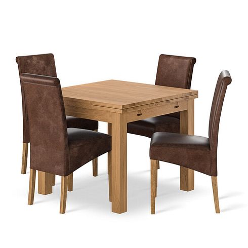 Pembroke Natural Solid Oak Extending Dining Table 90-150cm + 4 Scroll Back Chair in Vintage Brown Leather Look Fabric with Oak Legs