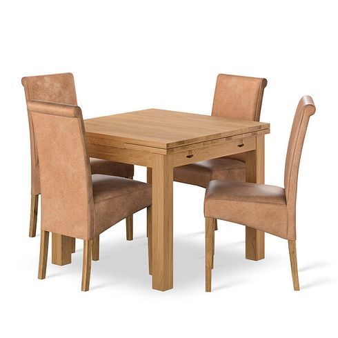 Pembroke Natural Solid Oak Extending Dining Table 90-150cm + 4 Scroll Back Chair in Vintage Tan Leather Look Fabric with Oak Legs
