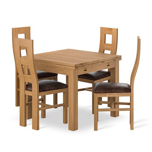 Pembroke Natural Solid Oak Extending Dining Table 90-150cm + 4 Wave Back Natural Solid Oak Chair with Vintage Brown Leather Look Fabric Seat