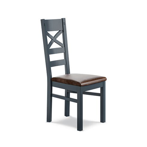 Richmond Ink Blue Painted Hardwood Dining Chair with Vintage Brown Leather Look Fabric Seat