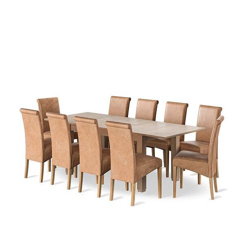 Richmond Smoked Oak Finish Extending Dining Table + 10 Scroll Back Chairs in Vintage Tan Leather Look Fabric with Oak Legs