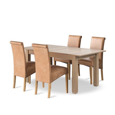 Richmond Smoked Oak Finish Extending Dining Table + 4 Scroll Back Chairs in Vintage Tan Leather Look Fabric with Oak Legs