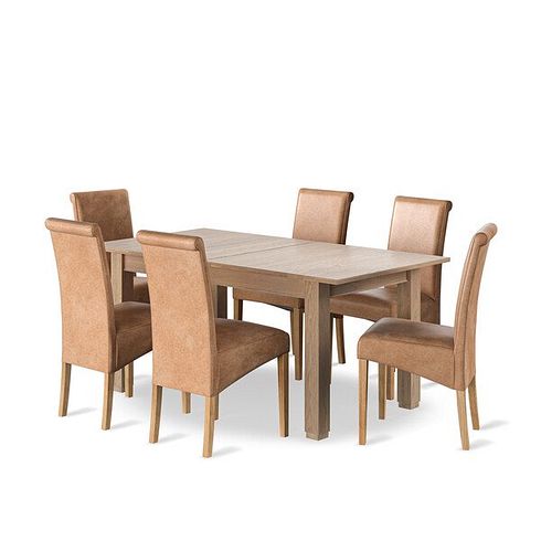 Richmond Smoked Oak Finish Extending Dining Table + 6 Scroll Back Chairs in Vintage Tan Leather Look Fabric with Oak Legs