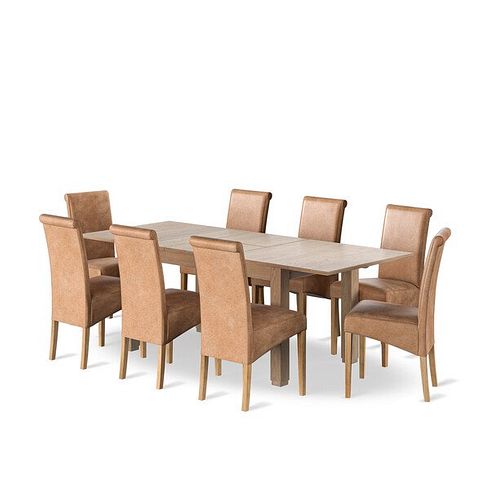 Richmond Smoked Oak Finish Extending Dining Table + 8 Scroll Back Chairs in Vintage Tan Leather Look Fabric with Oak Legs
