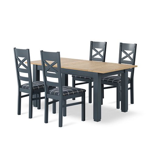 Richmond Smoked Oak Finish and Ink Blue Painted Extending Dining Table + 4 Richmond Ink Blue Painted Dining Chairs with Check Slate Seat Pads
