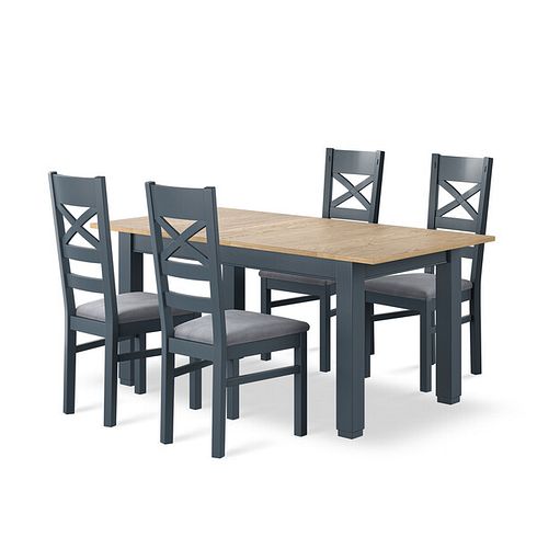 Richmond Smoked Oak Finish and Ink Blue Painted Extending Dining Table + 4 Richmond Painted Dining Chairs with Dappled Silver Seat Pads
