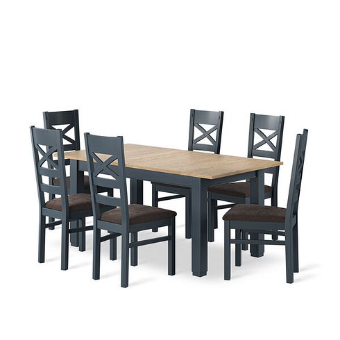 Richmond Smoked Oak Finish and Ink Blue Painted Extending Dining Table + 6 Richmond Painted Dining Chairs with Plain Charcoal Seat Pads