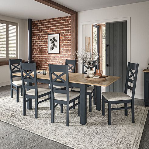 Richmond Smoked Oak Finish and Ink Blue Painted Extending Dining Table + 6 Richmond Ink Blue Painted Dining Chairs with Plain Grey Seat Pads
