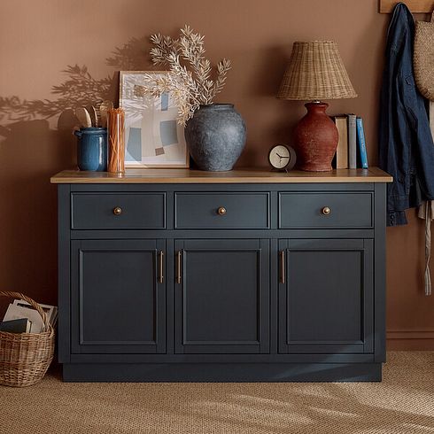 Richmond Smoked Oak Finish and Ink Blue Painted Hardwood Large Sideboard