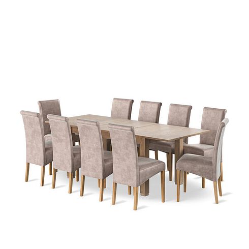 Richmond Smoked Oak Finish Extending Dining Table + 10 Scroll Back Chairs in Heritage Mink Velvet with Oak Legs