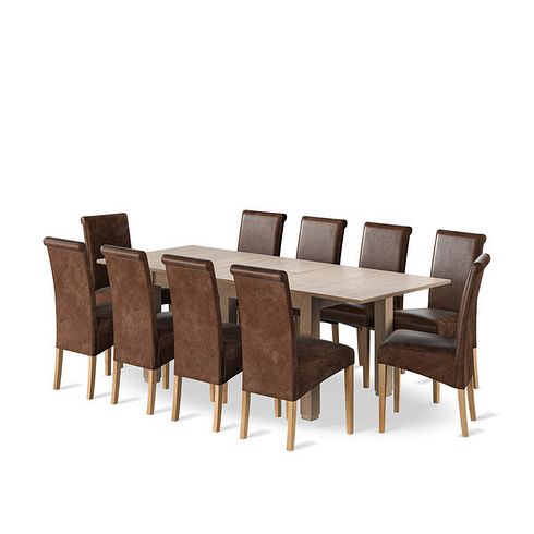 Richmond Smoked Oak Finish Extending Dining Table + 10 Scroll Back Chairs in Vintage Brown Leather Look Fabric with Oak Legs