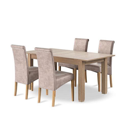 Richmond Smoked Oak Finish Extending Dining Table + 4 Scroll Back Chairs in Heritage Mink Velvet with Oak Legs