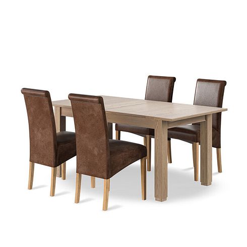 Richmond Smoked Oak Finish Extending Dining Table + 4 Scroll Back Chairs in Vintage Brown Leather Look Fabric with Oak Legs
