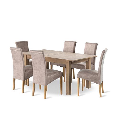 Richmond Smoked Oak Finish Extending Dining Table + 6 Scroll Back Chairs in Heritage Mink Velvet with Oak Legs