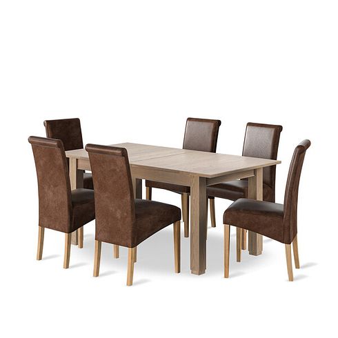 Richmond Smoked Oak Finish Extending Dining Table + 6 Scroll Back Chairs in Vintage Brown Leather Look Fabric with Oak Legs