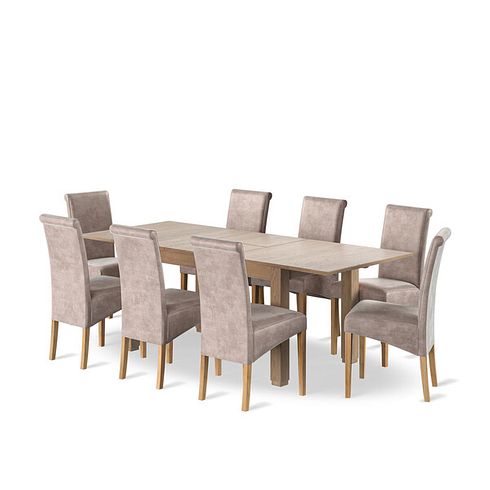Richmond Smoked Oak Finish Extending Dining Table + 8 Scroll Back Chairs in Heritage Mink Velvet with Oak Legs