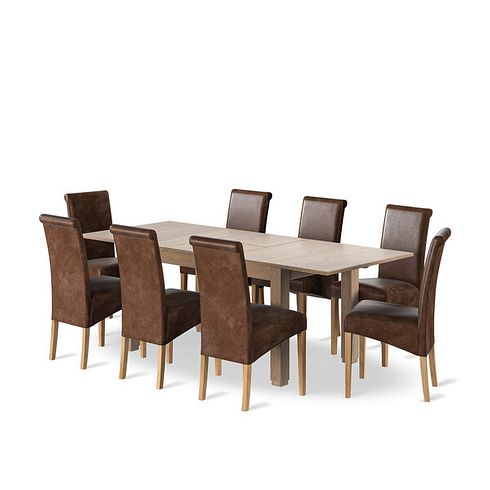 Richmond Smoked Oak Finish Extending Dining Table + 8 Scroll Back Chairs in Vintage Brown Leather Look Fabric with Oak Legs