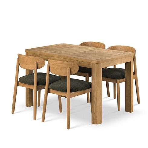 Romsey Natural Extending Dining Table and 4 Modern Natural Oak Chair with Verona Green Fabric