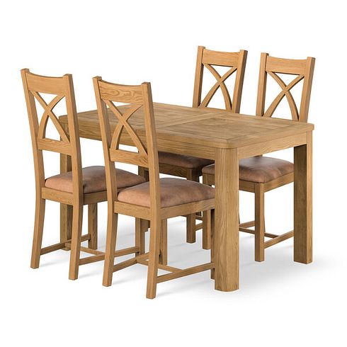 Romsey Natural Solid Oak 4ft 3 Extending Dining Table + 4 Cross Back Natural Solid Oak Chair with Vintage Tan Leather Look Fabric Seat