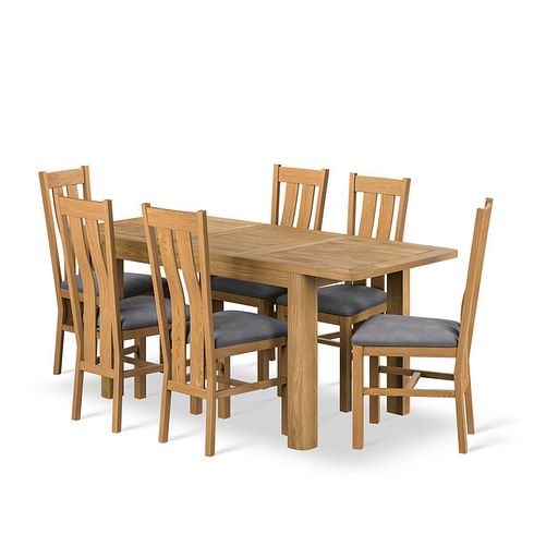 Romsey Natural Solid Oak 4ft 3" Extending Dining Table + 6 Arched Back Natural Solid Oak Chair with Dappled  Silver Fabric Seat