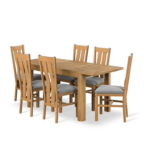 Romsey Natural Solid Oak 4ft 3 Extending Dining Table + 6 Arched Back Natural Solid Oak Chair with Verona Grey Fabric Seat