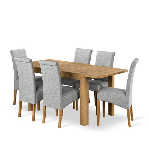 Romsey Natural Solid Oak 4ft 3 Extending Dining Table + 6 Scroll Back Chair in Conway Grey Fabric with Solid Oak Legs