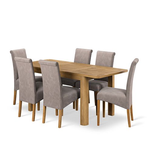 Romsey Natural Solid Oak 4ft 3" Extending Dining Table + 6 Scroll Back Chair in Dappled Beige Fabric  with Solid Oak Legs