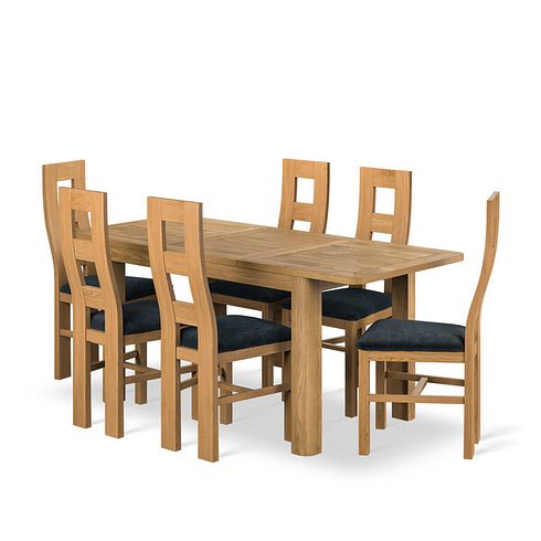 Romsey Natural Solid Oak 4ft 3 Extending Dining Table + 6 Wave Back Natural Solid Oak Chair with Verona Charcoal Fabric Seat